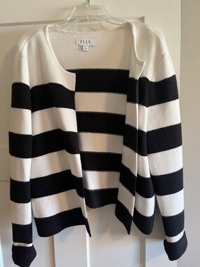 ELLE Black and White Striped Open-Front Cardigan